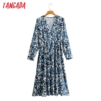 Tangada módne ženy modré bodky tlač-line šaty v krku Dlhý Rukáv Dámske dlhé Šaty Vestidos SY143