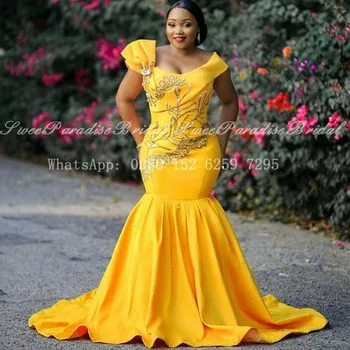 2020 Korálky Crystal Zlato Žltá Satin Večerné Šaty Morskej Panny Dlho Sweep Vlak Lopatka Krku Ženy Formálne Prom Šaty Vestidos