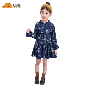 Dievča letné šaty elegantná kvetinová dlhý rukáv šaty dievčatá vestidos 3 4 5 6 7 8 rokov modrá biele enfant šaty flower kórejského