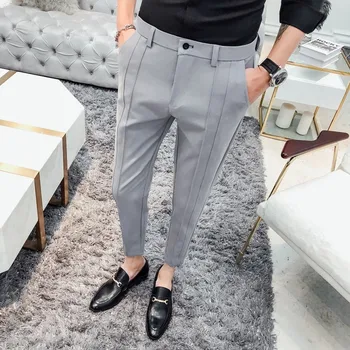 2019 módny obchodný úsek oblek nohavice značky mužov čierna šedá bežné nohavice pánske rovno slim šaty, nohavice pánske nohavice