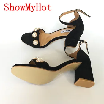 ShowMyHot Ženy dizajn sandále pracky stádo sandále ženy letné módy pearl Hrubé vysoké podpätky Gladiator sandále Sexy Topánky