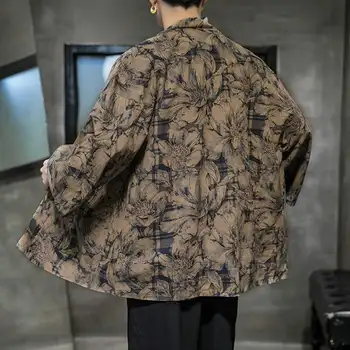 INCERUN 2021 Muž Vintage Čínsky Štýl Košele Mužov Kvetinový Kimono Tričko Bežné Dlhý Rukáv Cardigan Outwear Voľné Bavlna Topy 5XL