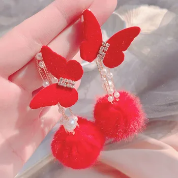MWSONYA kórejský Elegantný Červený Zamat Motýľ Veľký Hairball Náušnice pre Ženy Pearl Reťazca Strapec Pendientes Šperky, Darčeky