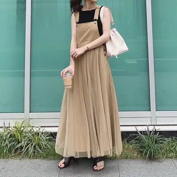 Khaki Podväzky Oka Bez Rukávov Vysoký Pás Ženy Šaty Japonsko 2020 Lete Dámy Maxi Šaty Kórea Rozšírenie Femme Vestiods