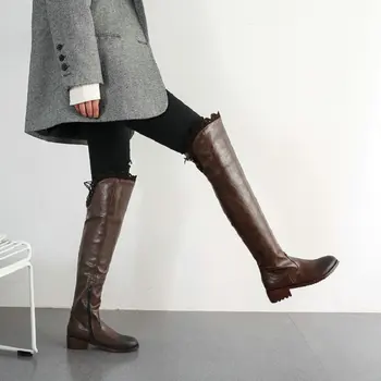 Sianie Tianie voľné zimné topánky ženy robustný med podpätky cowgirls overknee nad kolená vysoké topánky s čipkou volánikmi topánky topánky