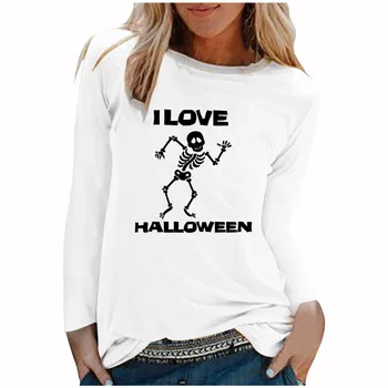 Dlhé Rukávy Košieľka Topy Pre Lady Halloween Karneval Party Veľké Veľkosti 3XL Ženy Horor Lebky Kostra Slim Print T Shirt
