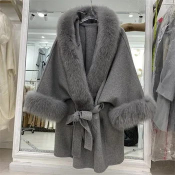 2020 zimné nový kórejský obojstranné alpaky kabát, šitie fox kožušiny plášť obojstranné tweed strednej dĺžky belted kabát ženy