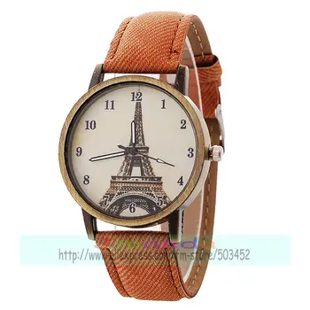 100ks/veľa 918820 Eiffelova Veža Č Logo Jean Kožený Retro Hodinky Bronzovej Farbe Sledovať Zábal Bežné Náramkové hodinky