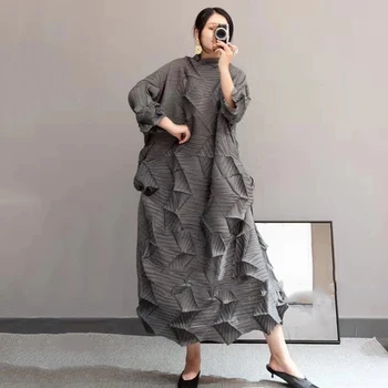 LANMREM skladaný šaty 2021 nové módne voľné veľké veľkosti, polovičný rukáv ročníka príliv dlhé šaty pre ženy stojan golier YJ787