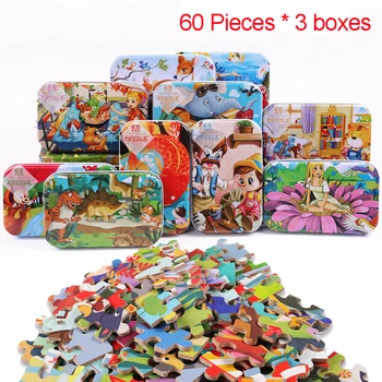 Nová 60 Ks Drevené Puzzle Pre Deti, Hračka Pre Vianočný Darček Dieťaťa Čoskoro Vzdelávacieho Montessori Hračky, Kreslené Železa Box Puzzle