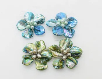 Jeden pár sladkovodné perly a shell flower modrá/zelená náušnice 40-50mm veľkoobchod korálky prírody FPPJ
