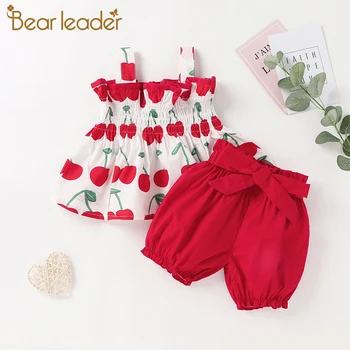 Medveď Leader Baby Dievčatá Oblečenie Nastaviť Nové Letné Batoľa Cherry Tlač Vesta a Pevné Nohavice 2 ks Oblečenia Dieťa Ležérne Oblečenie
