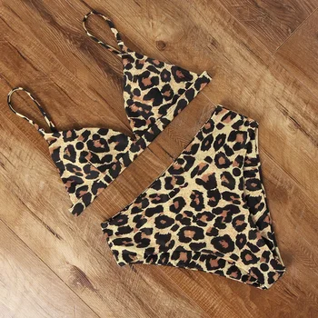2021 Bikini Set Plavky Ženy Plavky Plus Veľkosť Kúpanie Oblek Nové Leopard Dvojdielne Plavky Plážové Oblečenie Čalúnená Žena Vysoký Pás Biquini