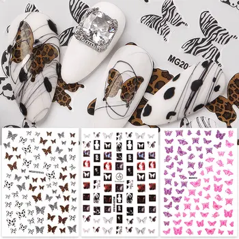 1Sheet Motýľ na Nechty, Nálepky Leopard Farebné Čierne Čipky 3D Butterflies Jazdca Späť Lepidlo Obtlačky Manikúru, Nail Art, Ozdoby