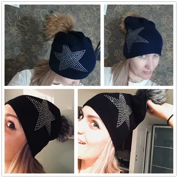 Nové žien vlna zimné klobúk s reálnymi pompom cashmere čiapky bling crystal star mäkké tepelné skutočné noriek fox hviezda poms čiapočku