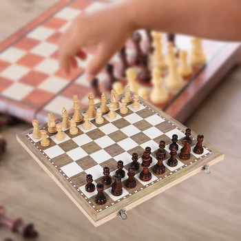 3 V 1 Skladací Drevený Šach Doska Set Cestovné Hry Šach Backgammon Dáma Hračka Chessmen Zábava Hry Doskové Hračky Darček