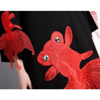 NewSpring O-krk Dlhý Rukáv Červená Ryby Výšivky Split Košele Ženy Móda Voľné Plus Veľkosť Blúzka Blusas Tide