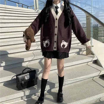 Japonský Kawaii Chic Jk Školskú Uniformu Sladké Preppy Ženy Sveter 2020 Jeseň Kawaii Cartoon Vytlačené Pletenie Cardigan Svetre
