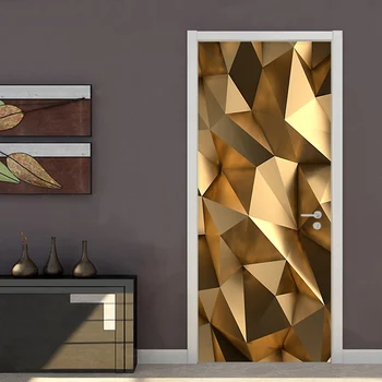 Moderné 3D Zlatý Geometrické nástennú maľbu, Tapety Obývacia Izba, Kúpeľňa Samolepiace Vodotesné Dvere Nálepky Domova 3D Dvere Plagát