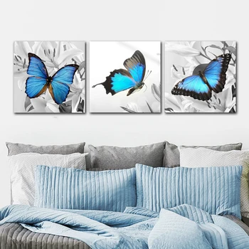 Plátno Na Maľovanie Plagátu Na Stene Obraz Steny V Obývacej Izbe Umenia 3 Panel Blue Butterfly Domáce Dekorácie Frameless Modulárny Obrázok T308