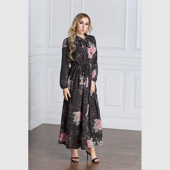 2020 Jar Nové Dlho Party Šaty Žien Moslimských Šaty Dubaj Arabských Islamské Oblečenie Big Swing Tlač Kvetinové Šaty Plus Veľkosť M-7XL