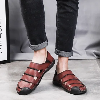 Vonkajšie roman gumené sandále pre mužov, kožené originálne duté topánky muž 2019 lete ručné priedušná pláži mens vychádzkové pohodlie
