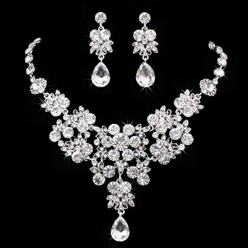 Roztomilý Žena Crystal Šperky Set Kúzlo Zlato Strieborná Farba Svadobné Náušnice Kvapka Pre Ženy, Luxusné Svadobné Kvetinové Reťaze Náhrdelník