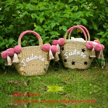 DIY Prispôsobené názov plážová taška slamy kapsičky taška veľké Jumbo letnej tašky výšivky, kvetinové ženy list Flóry kabelka nové prírastky