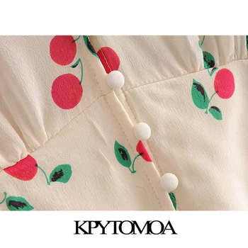 KPYTOMOA Ženy 2020 Elegantný Módy Cherry Vytlačí Tlačidlá Mini Šaty Vintage Viazaná Krátke Rukávy S Podšívkou Ženské Šaty Mujer