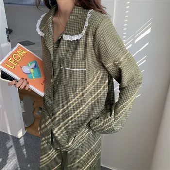 Bežné roztomilý koberčeky domov vyhovovali ženy pyžamo nastaviť študentský domov oblečenie klope golier košele nohavice 2 dielna sada salónik nosenie pijamas Y291
