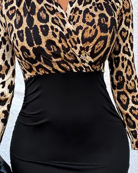 2021 Nový Rok Ženy Leopard Vytlačené Mini Šaty Patchwork Gepard Tlač Tvaru Dlhý Rukáv Šaty Tvaru Strany Femme Šaty