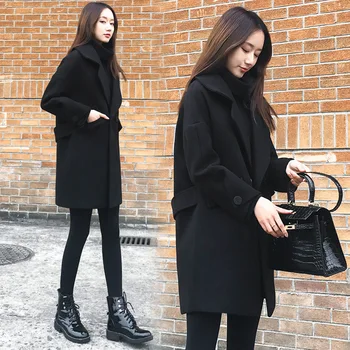Vysoko Kvalitné Módne Jar Jeseň Ženy, Pracovné oblečenie Čierna Bunda kórejský Voľné Slim Vlnené Kabát Žien Čierny Plášť Ženy