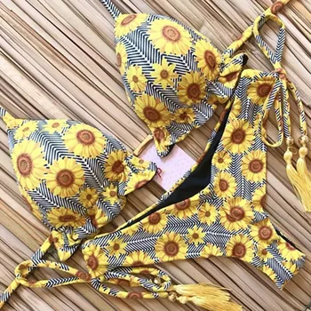 2019 Sexy Plavky S Uväzovaním Za Ženy Remeň Micro Bikini String Čalúnená Plavky Brazílske Bikini Obväz Tropických Rastlín Tlač Plavky