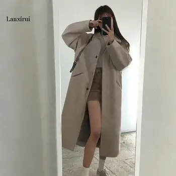 Kórejská verzia Ženy Vlnené Sako Módne Zimné Nové Stredne Dlhý Farbou Žena Elegantné Voľné kabát