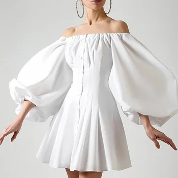 TVVOVVIN Ženy Lomka Krku Lístkového Rukáv Biele Šaty Singel svojim Skladaný Vintage Šaty, Sexy Mini Dievča Módne Šaty GSAR