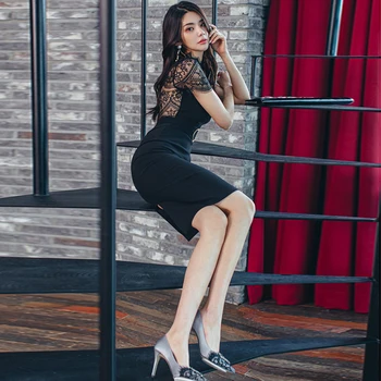 Nový príchod ženy móda bodycon šaty temperament lete elegantné office lady pohľadu sexy klub čiernej čipky ceruzka šaty