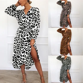 2020 Leopard Šaty Party Šaty Plné Voľné Dlhý Rukáv Hlboké V-neck A-line Sexy Šifón Long Beach Ženy Príležitostné Letné Prírodné