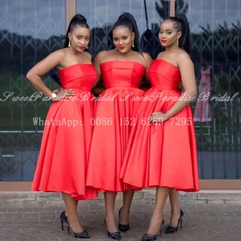 Krátke Čaj Dĺžka Bridesmaid, Šaty 2020 Červený Satén Riadok Bez Ramienok Africkej Ženy, Svadobné Party Šaty Vestido De Fiesta De Boda