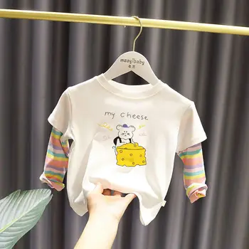 Dievčenské dlhým Rukávom (T-shirts 2020 Nové Jeseň Detí Topy Voľné Bavlna Západného Štýlu Falošné Dvoch-Dielny