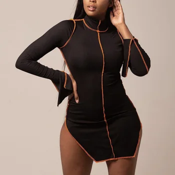 Jeseň Ženy, Slim Split Švy Turtleneck Šaty Vysoký Pás Line Design Čierna Farbou Bežné Dievča Streetwear Oblečenie