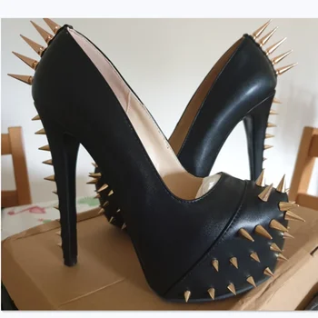 SHOFOO topánky,Krásne módne dámske topánky,nity, dekorácie,15 cm vysoké podpätky dámske topánky,kolo prst čerpadlá.veľkosť: 34-45