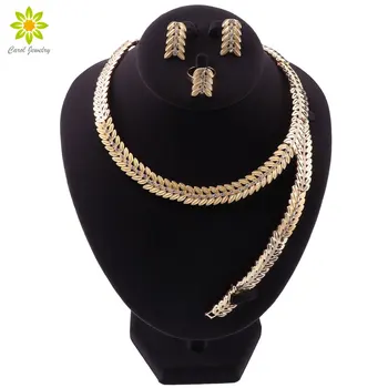 Módne Svadobné Šperky Sady Náhrdelník Náramok Krištáľové Náušnice Dubaj Zlatá Farba Šperky pre Ženy, Svadobný Prsteň, Šperky Nastaviť