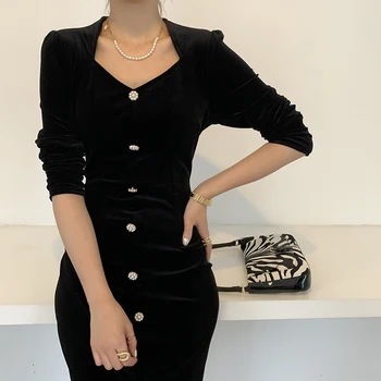 Luxusné Dámske Čierne Zamatové Šaty Audrey Hepburn Francúzsky Sexy Split Bodycon Šaty Strany Župan Femme Vestidos