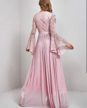 Elegantné Prom Šaty 2021 Luxusné Ružových Trblietavých Dlhý Rukáv Sexy Hlboké V-neck dĺžka Podlahy Perly Batwing Zvláštne Príležitosti Šaty
