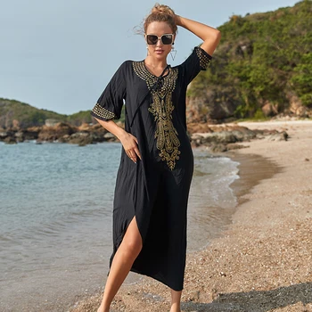 Čierna Bavlna Cover-ups V krku Pláži zakryť Pláži Tunika Župan de Plage Pareo Ženy Maxi Šaty Bikini Kryt do Plaviek Sarong