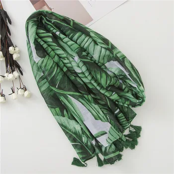 Ženy Skorocelový List Zelený Šál so Strapcami Soft Polyester Palmové Listy Vytlačené Teplé Šály, Zábaly Hijabs Šál