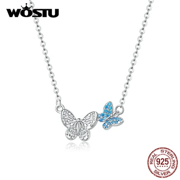 WOSTU Skutočné 925 Sterling Silver Lietania Pár Motýľ Náhrdelník Modrý Zirkón Reťazí Pre Ženy Milenca Šťastie Šperky FIN384