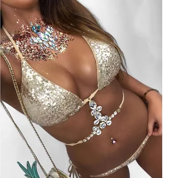 Ženy Sexy Bikiny 2019 Crystal Kamienkami Lesk Drahokamy Diamant Plavky S Uväzovaním Za Sequin Obväz Push Up Plavky, Plavky