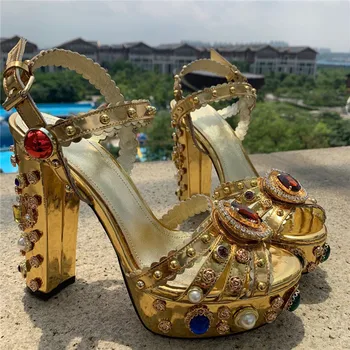 Luxusné Drahokamu Kovové Zlato Kožené Sandále Robustný Vysokým Podpätkom Platformu Strappy Sandále Letná Party Topánky Ženy