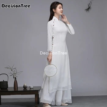 2021 čínske šaty cheongsam qipao strany orientálna dlhé šaty čisto biela bavlnená posteľná bielizeň ženy elegantné qipao župan retro vestido
